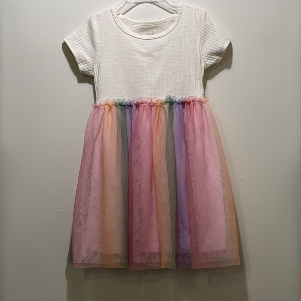 Girls Cream Dress | Multicolor Nylon Bottom  XS 4-5